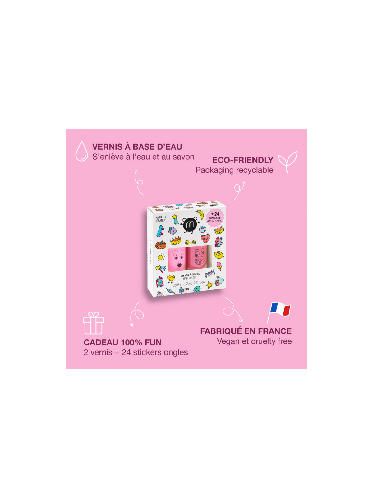 Coffret Stickers et Vernis Enfant 2 vernis + 24 stickers