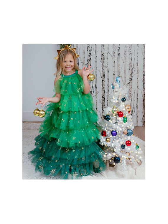 Deguisement- Robe sapin de Noël - Vert/Or 5/6 ans