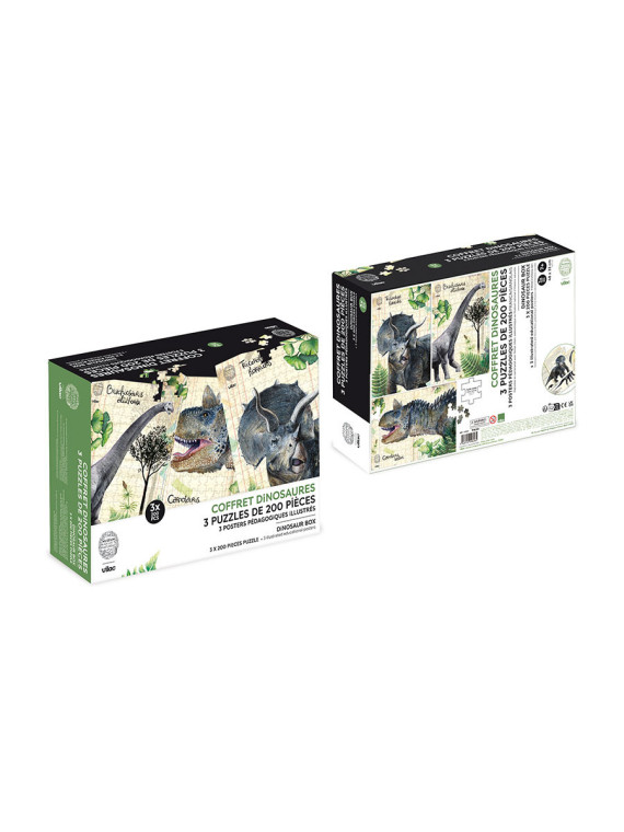 Coffret de 3 puzzles dinosaures avec posters